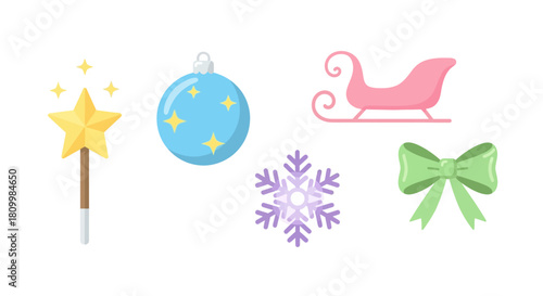 Cute Christmas Character Icons Santa, Reindeer, Elf, Snowman, and Polar Bear Illustrations