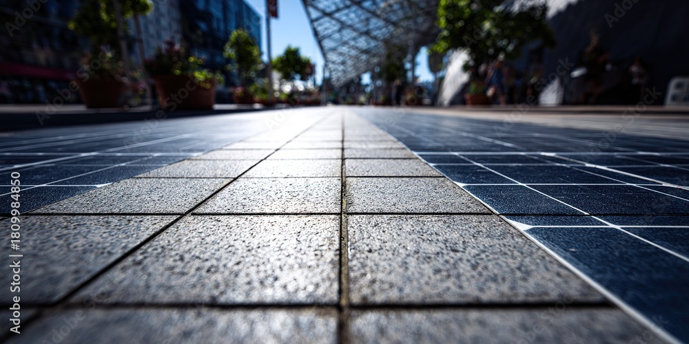 Fototapeta premium City street with modern paved sidewalk and sunlight filtering through overhead structures