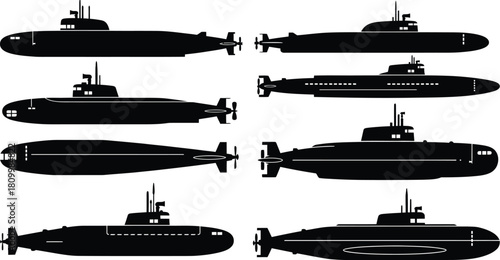 Silhouettes of various submarines displayed in a graphic black and white