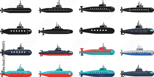Collection of various submarines in different colors and designs displayed on white