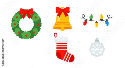 Cute Christmas Character Icons Santa, Reindeer, Elf, Snowman, and Polar Bear Illustrations
