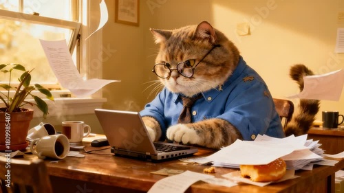 Brown tabby cat wearing glasses and blue shirt working at laptop desk. Office cat reviewing classified documents with papers flying. Panning and tilting camera movement.