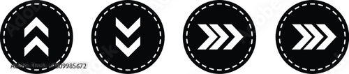 Four circular icons featuring distinct directional arrow symbols in black and white