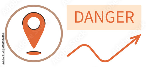Orange location pin, Danger text, and upward arrow with wavy line indicate risk, hazard, or alert. Ideal for warning signs, business risk, hazard alerts, safety tips caution navigation simple flat