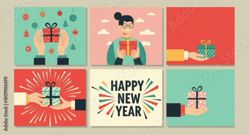 Christmas and New Year Greeting Cards. Fun vector illustrations for greeting card, party invitation card, website banner, social media banner, marketing material.