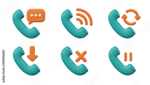 3D vector phone icons set. Cute cartoon telephone handsets with call, message, hold, missed, and redial symbols for UI design.