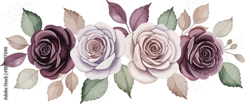Elegant watercolor floral arrangement featuring deep burgundy and soft blush roses with muted green and brown leaves for romantic design elements