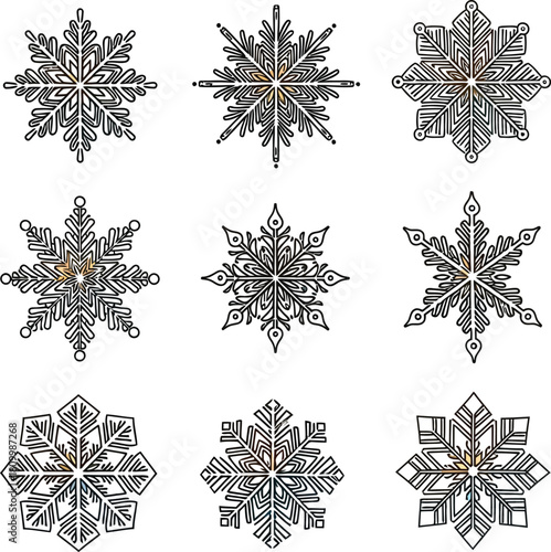 Collection of nine intricate black and white snowflake illustrations with delicate crystalline patterns on a clean white background