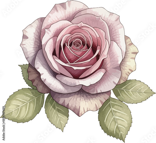 Delicate vintage dusty rose flower with soft pink petals and muted green leaves isolated on white background