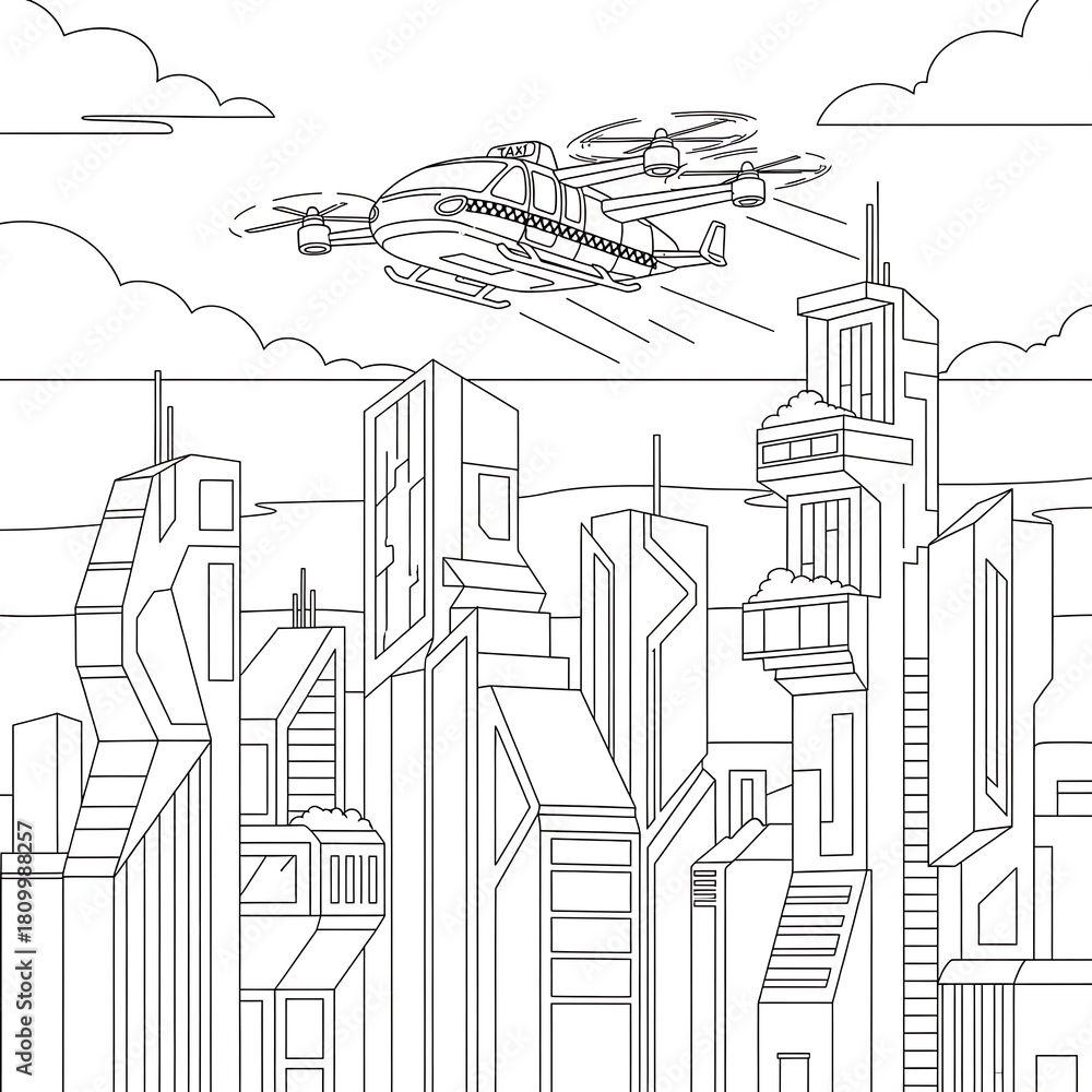 Fototapeta premium Futuristic cityscape with flying vehicle isolated on white background
