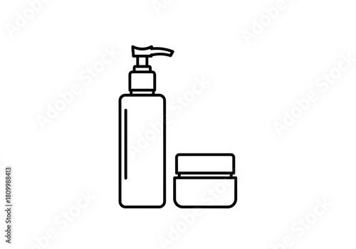 Illustration of a tall pump bottle and a small face cream jar representing skincare products on a white background