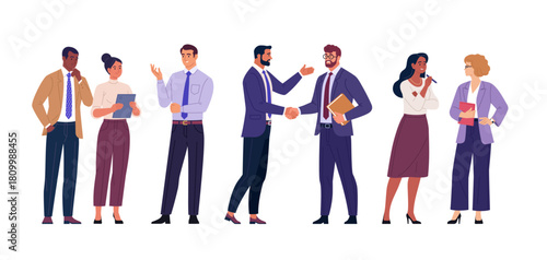 Business Team Collection. Vector cartoon illustration of a group of diverse businesspeople standing together, communicating, shaking hands, and discussing work tasks. Professional office characters.
