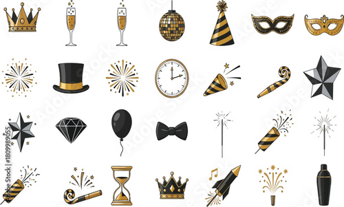 New years eve party elements in gold and black