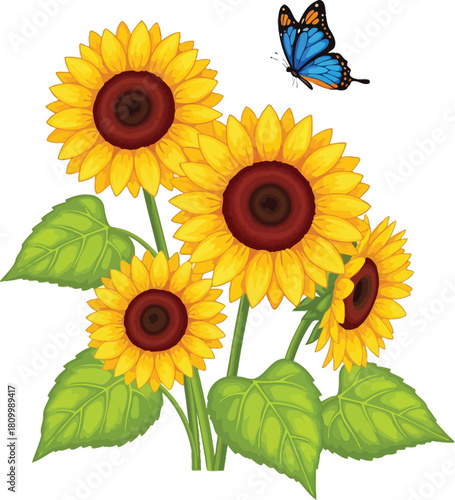Vibrant bouquet of blooming sunflowers with lush green leaves and a delicate blue butterfly fluttering above on a white background