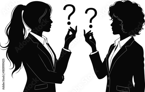 Silhouette businesswomen discussing ideas with question marks, professional teamwork confusion concept, communication challenge illustration, problem solving and decision making scene