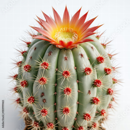 Plump globe cactus shows deep vertical ribs, bluish body, red areoles and radiating pale yellow spines. A blazing orange blossom crowns the top, fading to yellow at center, set against a backdrop