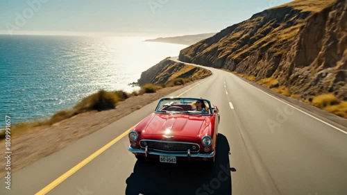 Woman driving a red convertible car along the scenic pacific coast highway on a sunny day