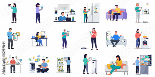 Flat Illustration of People Interacting with Smart Home Devices and Appliances