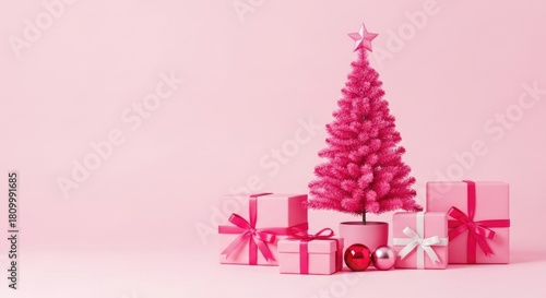Monochrome Pink Christmas Composition with Pink Tree and Pink Gifts Fashion Style
