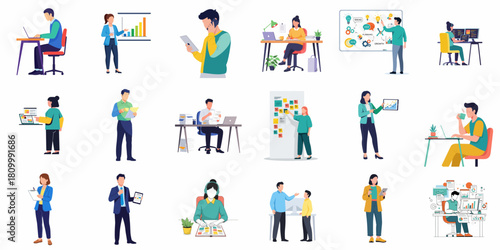 Flat Style Diverse Business People Working on Different Task Illustration
