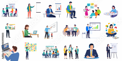 Flat Illustration Diverse People in Business Meeting and Presentation Scene Set