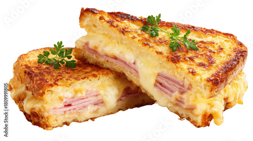 Gourmet croque monsieur cut in half showing ham and cheese filling, isolated on transparent background, elegant food styling, crisp lighting