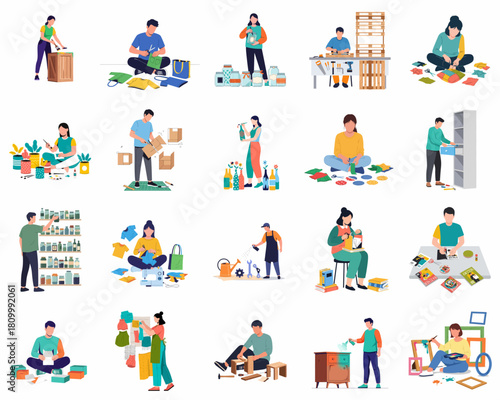 Colorful Flat Illustration People Doing Craft Hobby Activities Collection