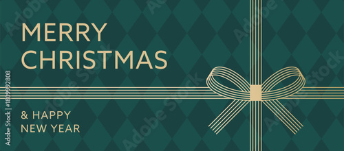 Festive holiday banner design with gold gift ribbon and bow on dark green diamond pattern background. Christmas and New Year celebration concept. Flat vector illustration banner template