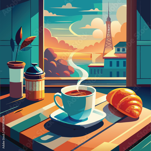 Cozy morning with cup of coffee croissant and beautiful cityscape view from window in vibrant cartoon style
