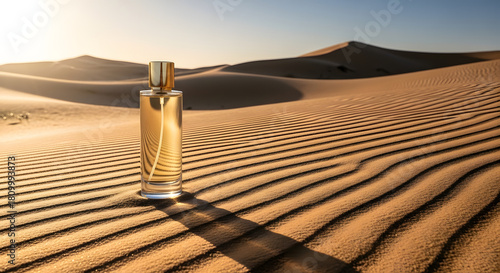 Fototapeta Naklejka Na Ścianę i Meble -  A perfume bottle standing on sand dunes in a desert landscape with long, dramatic shadows cast by the intense sun.