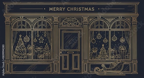 Elegant gold line art illustration of a vintage Christmas storefront with festive window displays and holiday decorations