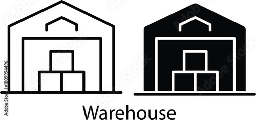 Industrial Storage Building Logistics Distribution Center Warehouse Facility Vector Silhouette and Pictogram..ep