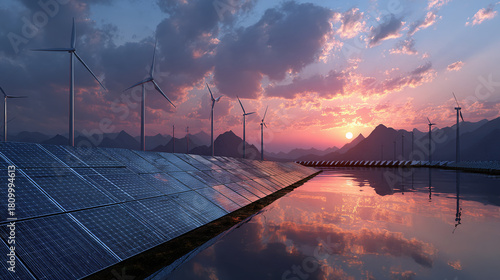 Panoramic view of renewable energy sources at sunset, featuring solar panels, wind turbines, and the serene reflection in the water. A symbol of sustainable future.
