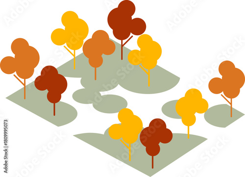 Isometric Autumn Forest Illustration. Axonometric Fall landscape. Eco Landscape, Stylized Trees Concept for Environmental and Urban Greening Projects.