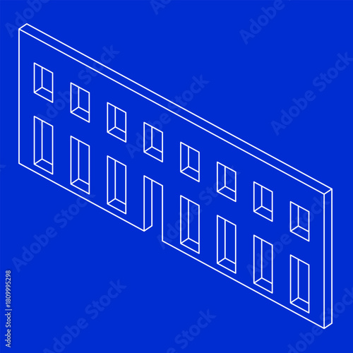 Isometric Architectural Facade Illustration. Blue Axonometric Wall.