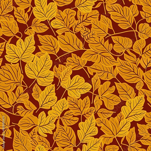 Multicolored yellow, orange and red leaves on a red background. Seamless pattern, one tile