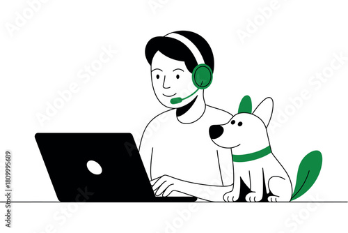 Man wearing headset and dog sitting next to him while he works on a laptop.