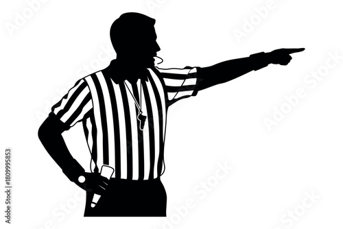 A referee in a striped shirt signals with his right hand.