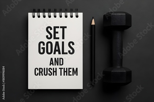 “Motivational Fitness Quote on Notepad with Dumbbell – Set Goals and Crush Them”