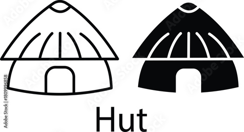 Traditional African Thatched Roof Round Hut Dwelling Shelter Vector Silhouette and Pictogram..eps