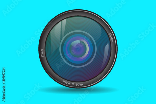 Front view of photo camera lens isolated on blue background. Vector illustrtion