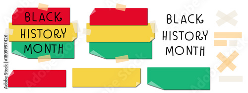 vector of black history month text on folded memo with transparent tape and blank pieces of distressed paper for replaceable type 