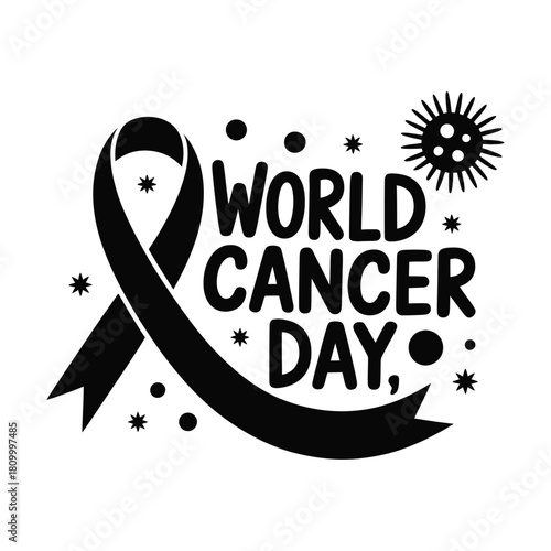 World Cancer Day black ribbon and virus illustration
