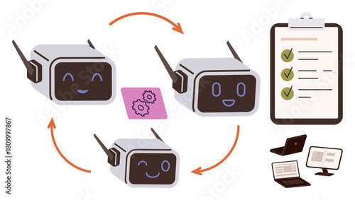 Robots in a cyclical flow with gears icon, checklist clipboard, and digital devices. Ideal for automation, robotics, efficiency, workflow, technology productivity AI concepts. Simple flat metaphor