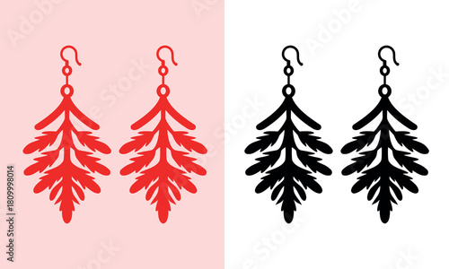 Monochrome and Red Christmas Fern Leaf Dangle Earring Silhouette and Icon Set
