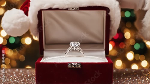 Santa's red velvet hat with white trim lifts, revealing a diamond ring sparkling in a velvet box. A perfect gift for Christmas or New Year's