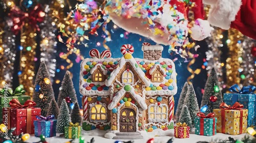 Static close up of a red Santa hat with white trim on a bokeh background of lights and tinsel. A gloved hand enters from the right, lifting it to reveal a gingerbread house in a confetti