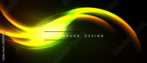 Bright yellow, green light curves flow across black space. Modern design element, dynamic energy radiates from center.