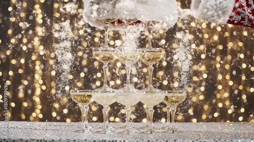 A static shot in the center: a gloved hand lifts Santa's red velvet hat with fur trim, and from beneath it magically emerges a pyramid of champagne flutes, gold splashes, and soft lighting in the