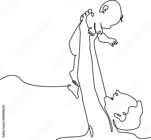 Father Lifting Baby One Line Drawing -father, dad, baby, child, lifting, one line drawing, continuous line, family, love, bonding, single line, sketch,